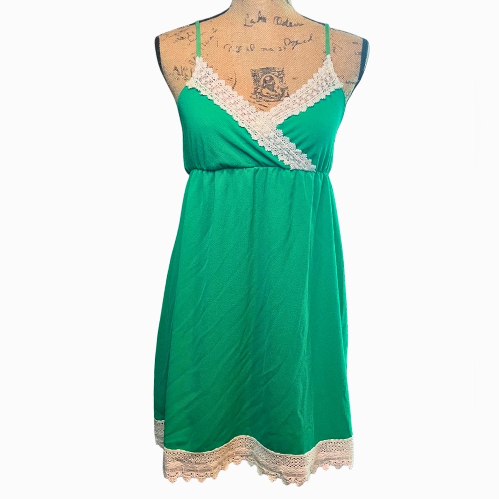 Green Babydoll Dress with White Lace Trim
